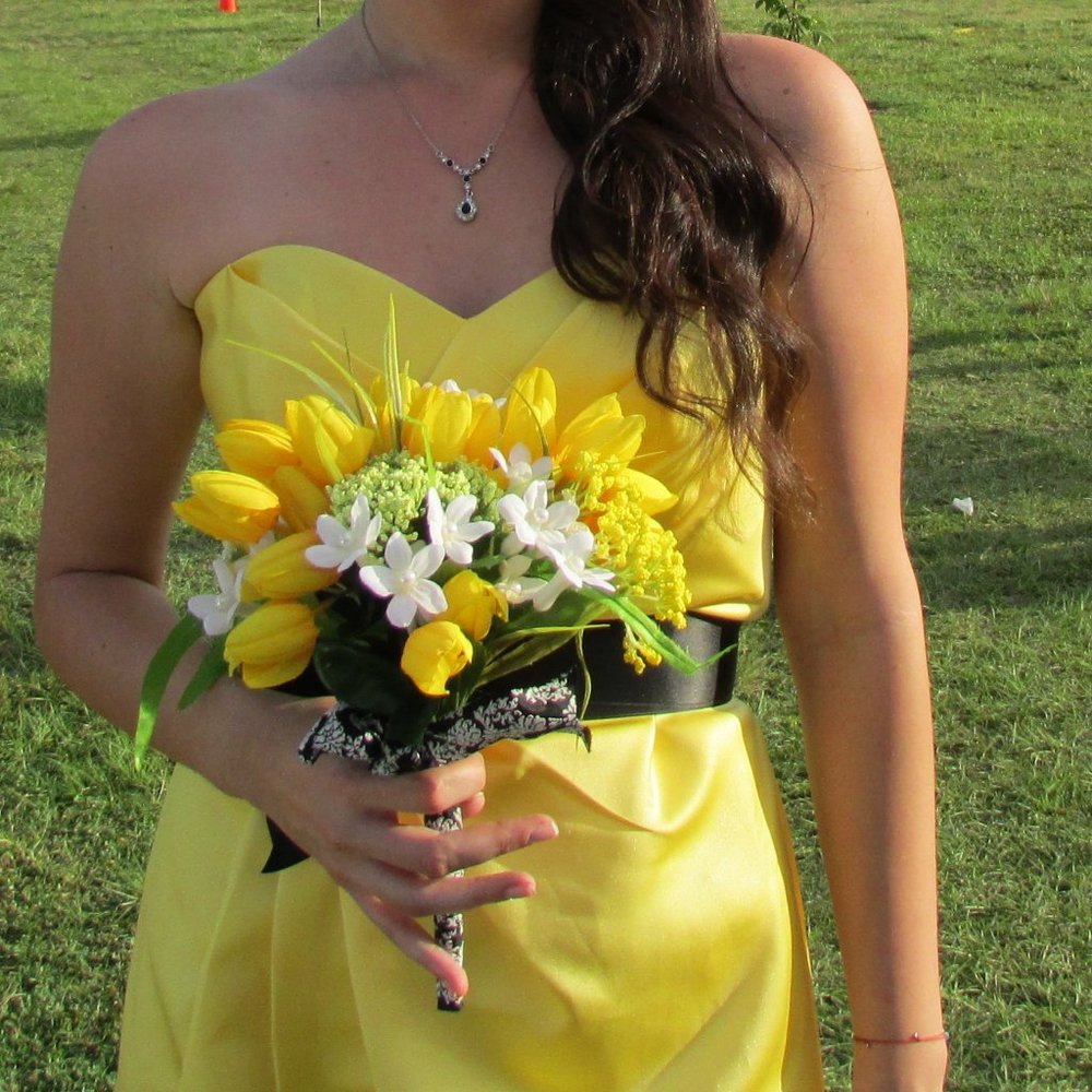 David's Bridal yellow single shoulder dress